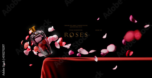 Red luxury platform or podium scene with beautiful flying rose petals. product placement realistic vector template
