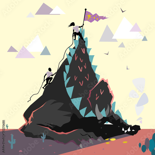 Two people using teamwork to climb up and conquer a dragon in the form of a mountain. Showing that confronting our fears will lead to success and reward.