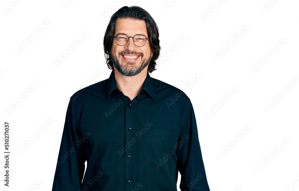 Middle age caucasian man wearing casual clothes and glasses with a happy and cool smile on face. lucky person. Middle age caucasian man wearing casual clothes and glasses with a happy and cool smile on face. lucky person.