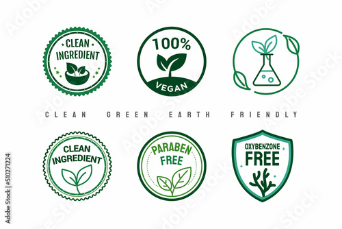 Clean natural organic nature ingredient stamp label badge design. Environment friendly, eco, no harm, vegan, no oxybenzone, paraben free vector. photo