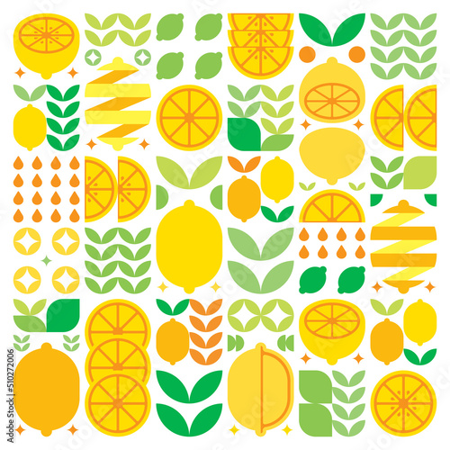 Abstract artwork of lemon fruit symbol icon. Simple vector art, geometric illustration of colorful citruses, oranges, limes, lemonade and leaves. Minimalist flat modern design on white background.