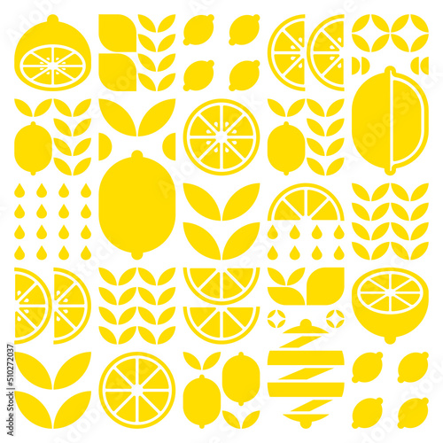 Abstract artwork of lemon fruit pattern icons. Simple vector art, geometric illustration of citrus, orange, lime, lemonade and leaves silhouettes. Minimalist flat modern design on white background. photo