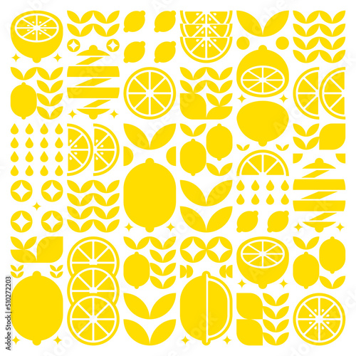 Abstract artwork of lemon fruit pattern icons. Simple vector art, geometric illustration of citrus, orange, lime, lemonade and leaves silhouettes. Minimalist flat modern design on white background.