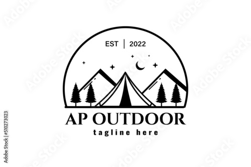 camping logos consisting of mountains, camp and trees line style isolated for explore emblem