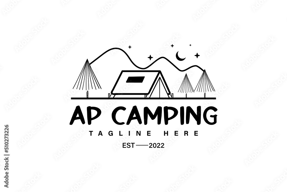 camping logos consisting of mountains, camp and trees line style isolated for explore emblem