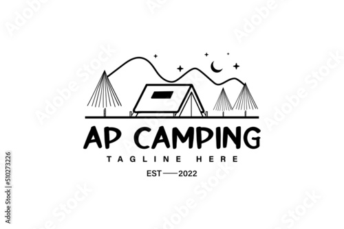 camping logos consisting of mountains, camp and trees line style isolated for explore emblem