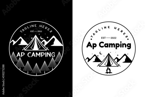camping logos consisting of mountains, camp and trees line style isolated for explore emblem