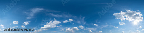 blue sky hdri 360 panorama with white beautiful clouds. Seamless panorama with zenith for use in 3d graphics or game development as sky dome or edit drone shot for sky replacement photo