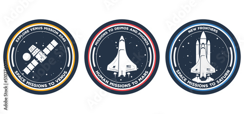 Space mission patch: space rockets and satellite. Venus, Mars and Saturn сircle badge. Science and space exploration labels and patches. Realistic space mission badges with vehicles. photo