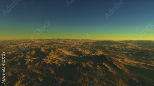 Mars like red planet, with arid landscape, rocky hills and mountains, for space exploration and science fiction backgrounds. 