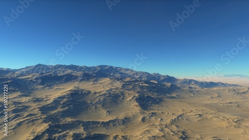 Mars like red planet, with arid landscape, rocky hills and mountains, for space exploration and science fiction backgrounds.  © ANDREI