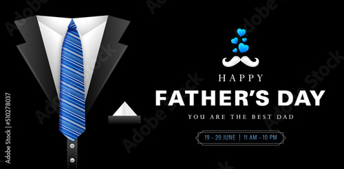 illustration of happy fathers day with black suit and blue tie for social media posts, ads campaign marketing holidays, advertising, advertisement, corporate signs, billboard agency, animation video
