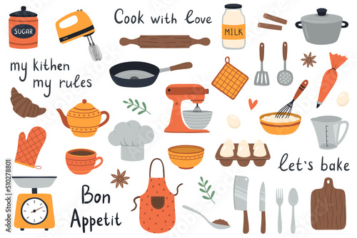 A big set of elements for cooking. Hand-drawn kitchen tools. Cute vector illustration