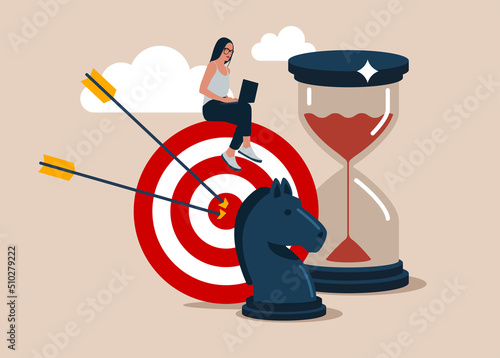 Woman working with computer sit on target with chess knight and sandglass. Business strategy, planning to achieve goal, management for company growth opportunity, market success goal.