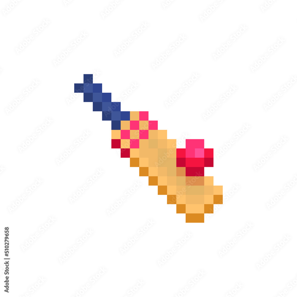 Cricket Bat and Ball pixel art icon. Sport equipment. Game assets. Icon for websites, web design, mobile app. 8-bit sprite. Isolated vector illustration. 
