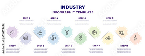 Foto industry infographic design template with water can, mine cart, justice hammer, light bulb inside circle, oil tower, hook of a crane, positioning, co2 inside cloud, rounded plug icons