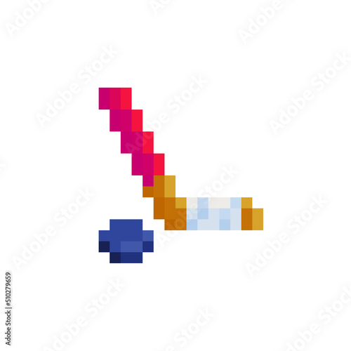 Hockey stick with puck pixel art icon. Ice hockey equipment. Game assets. Icon for websites, web design, mobile app. 8-bit sprite. Isolated vector illustration. 