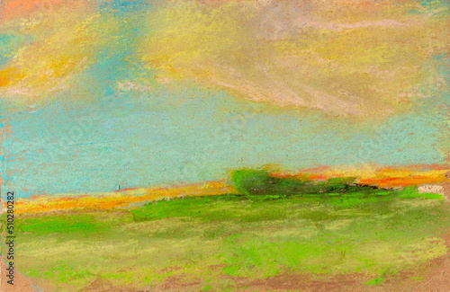 Landscape in dry pastel. Field and sky