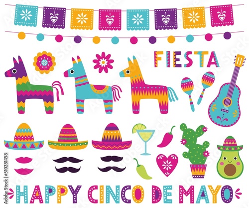 Cinco de Mayo celebration symbols, colorful vector collection 