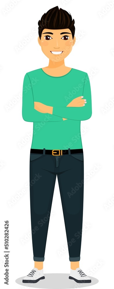 A young man stands on a white background with his hands folded. Emotions, gestures, character. Flat style. Cartoon