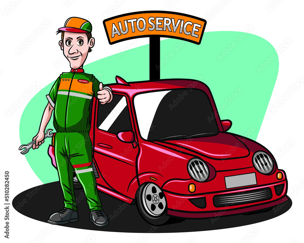 mechanic standing at an automotive service station with a car beside him vector illustration mechanic standing at an automotive service station with a car beside him vector illustration