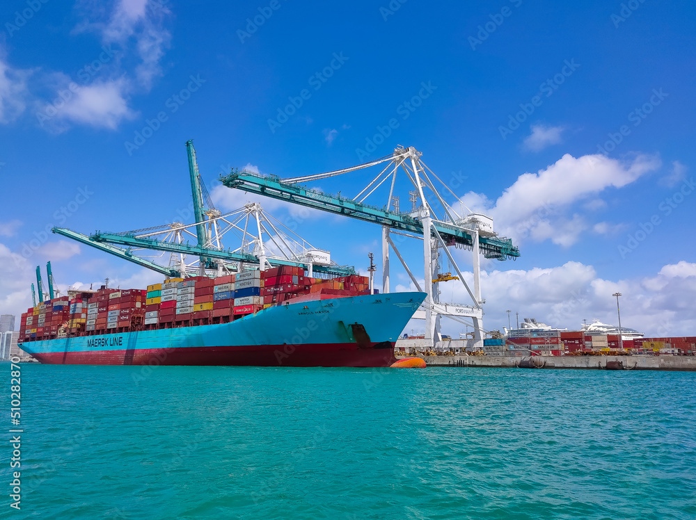 Maersk container ship at Port Miami, one of the largest cargo ports in the  US. Stock Photo | Adobe Stock
