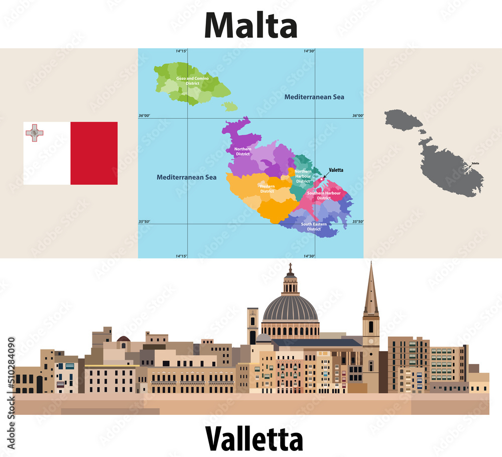 Valletta cityscape on sunset sky background vector illustration with country and city name and with flag of Malta - obrazy, fototapety, plakaty 