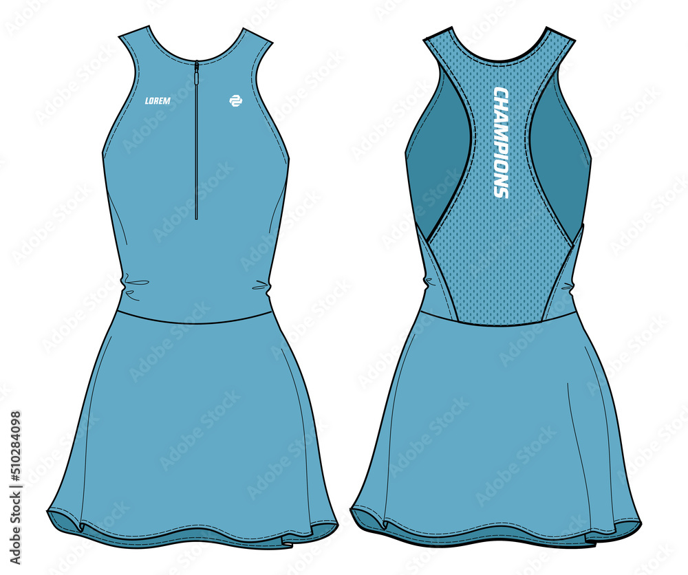 Women Sleeveless tennis dress sports top jersey design flat sketch fashion Illustration suitable for girls and Ladies mini dress for tennis netball badminton sport kit Stock Vektorgrafik Adobe Stock