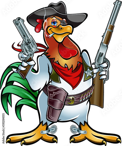 Cartoon style cowboy rooster holding guns