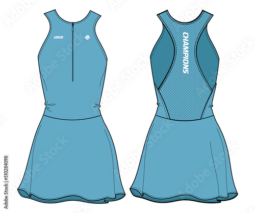 Women Sleeveless tennis dress sports top jersey design flat sketch fashion Illustration suitable for girls and Ladies, mini dress for tennis, netball, badminton sport kit