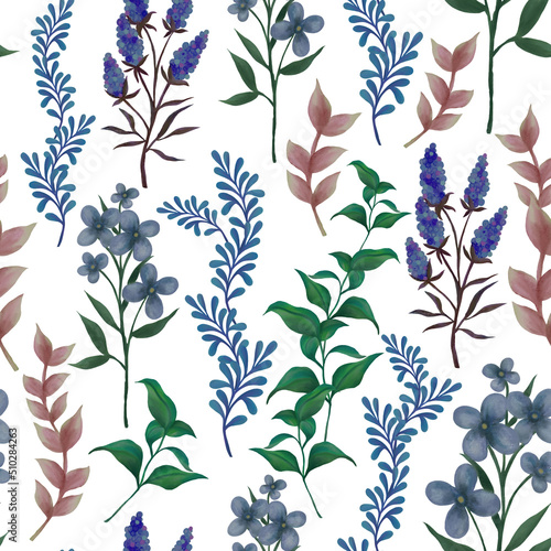 Watercolor foliage willd field meadow lavender and green leaf hand drawn floral illustration seamless pattern repeat background