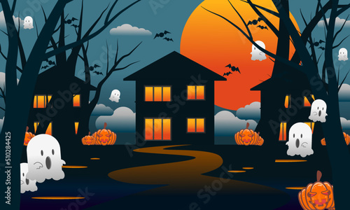 Hunted house with pumpkin and ghost in Halloween night.