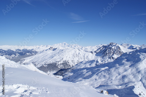 Beautiful view of the snowy French Alps, Les Menuires, France © NikyClaire