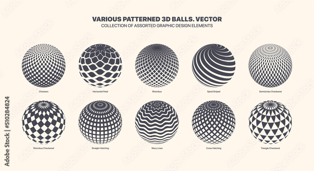 Assorted Different Vector Abstract Patterned 3D Balls Set Isolated On White Background. Black White Graphic Variety Three Dimensional Spheres With Various Patterns Geometric Design Elements Collection