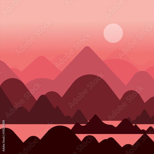 Beautiful hill and mountain with a sunset sky in a red tone.