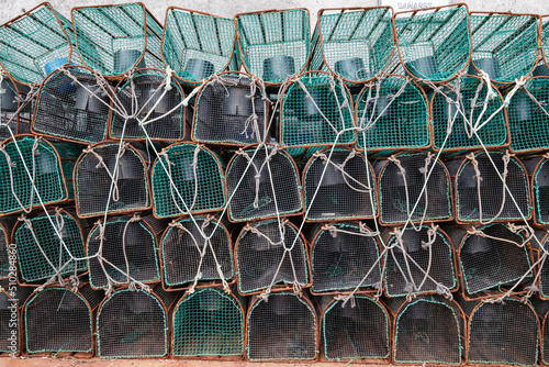 Fishing traps in Asturias Spain  capture of octopus and shellfish stacked in the fishing port