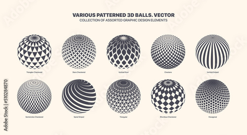 Assorted Various Vector Abstract Patterned 3D Balls Set Isolate On White Background. Black White Graphic Variety Three Dimensional Spheres With Different Patterns Elliptical Design Elements Collection