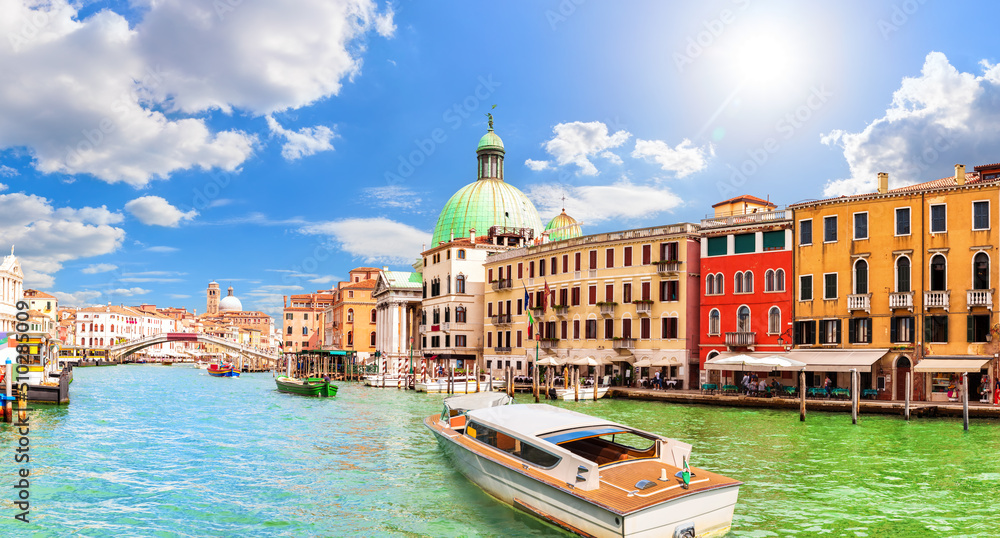 Boats and yachts by the San Simeone Piccolo church, Grand Canal, Venice, Italy