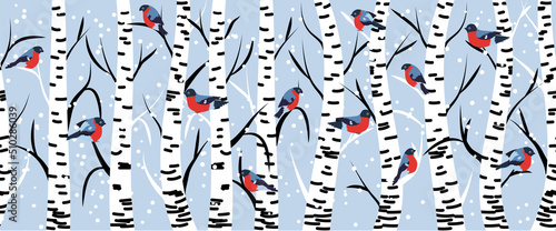 Winter seamless pattern with bullfinches and birch trees.