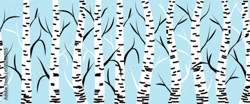 Winter seamless pattern with bullfinches and birch trees.