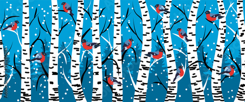 Winter seamless pattern with bullfinches and birch trees.