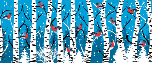 Winter seamless pattern with bullfinches and birch trees.