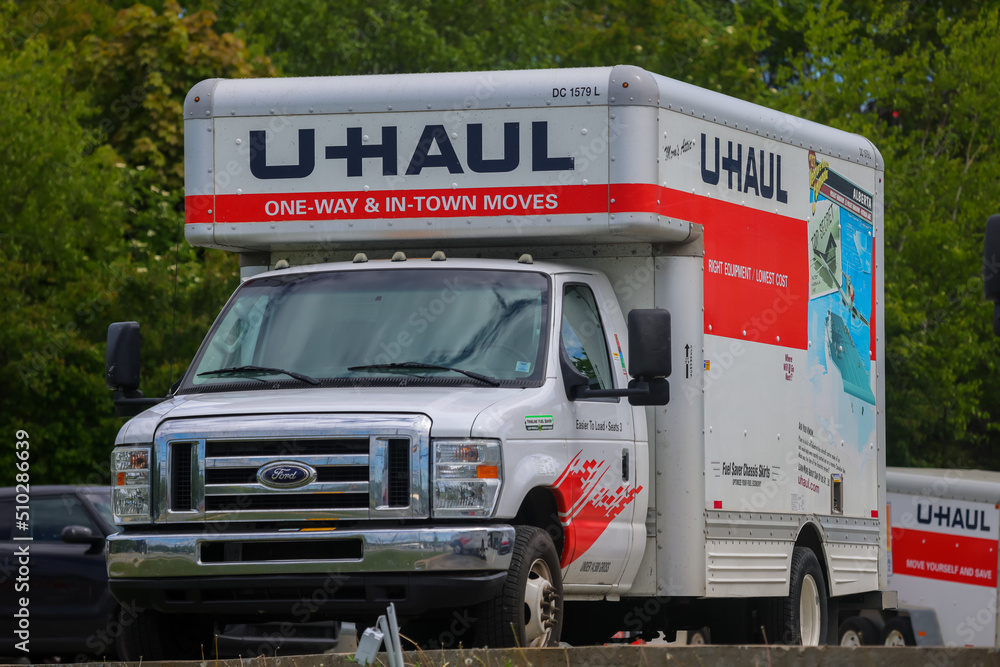 UHAUL Trucks parked at the pickup location at the rental office. U