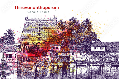 Kerala vector Thiruvananthapuram Padmanabhapuram Temple vector hand drawing illustration art photo