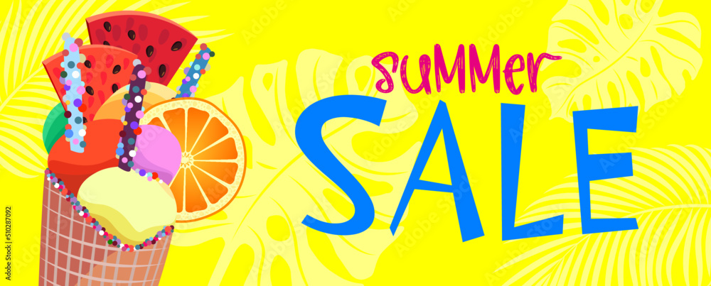 Bright summer promotion banner. Summer sale. Ice cream with fruits on a yellow background. Seasonal discount design. Vector illustration