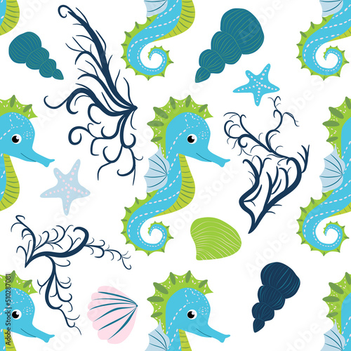 Cute seahorses cartoon seamless pattern. Hand drawn ocean animals. Nautical beach  Sea life fun underwater