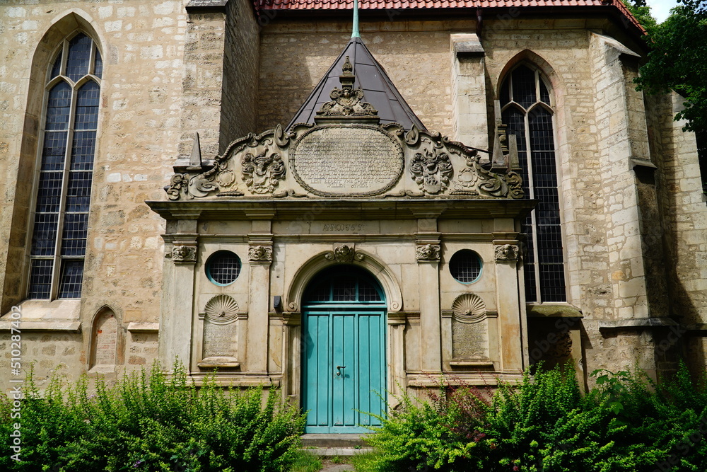 Historic side portal entrance of the Church of the Cross (Kreuzkirche), the oldest church in Hanover, Germany