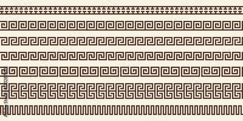 Greek key pattern, border collection. Decorative ancient meander, greece ornamental set with repeated geometric motif. Vector EPS10.