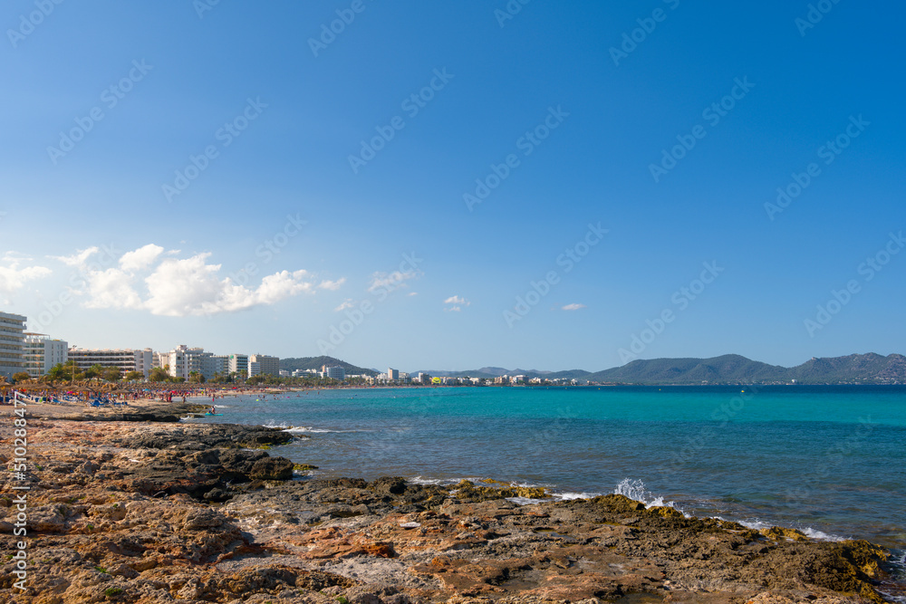 An panoramic view on Cala Millor beach on Mallorca island in Spain