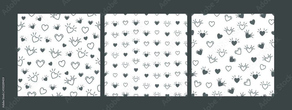 Set love, heart black and white different seamless pattern, ready print with background